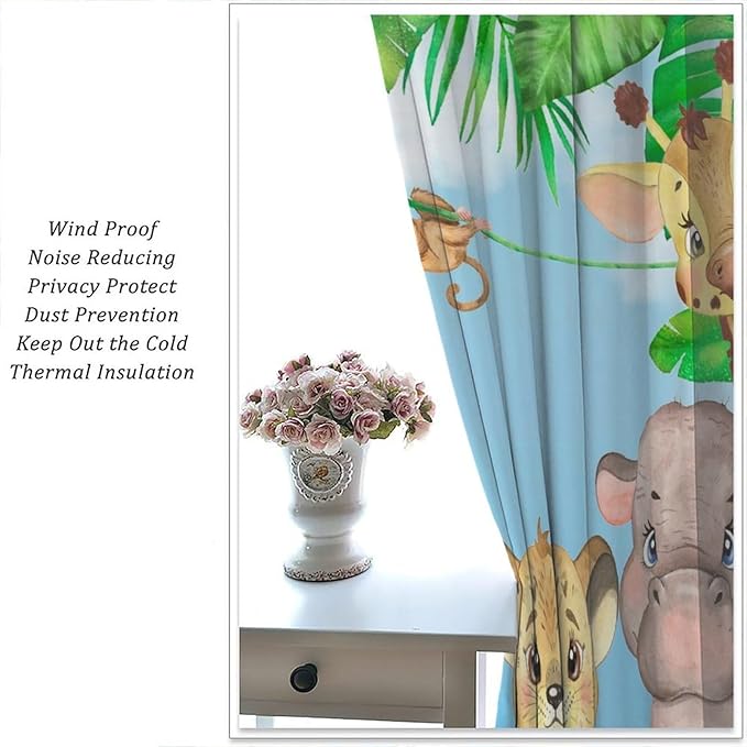 Kids Animals Blackout Curtains Watercolor Cartoon Cute Animals Green Jungle Art Printed for Children Girls Boys Bedroom Nursery Rod Pocket Decoration Window Drapes 2 Panels W36xL63in