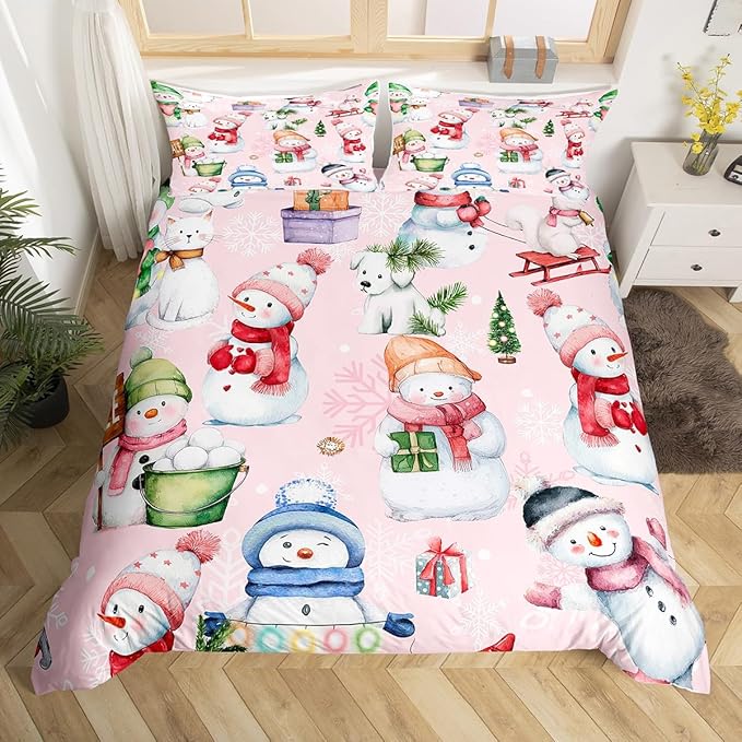 Manfei Christmas Duvet Cover Set Full Size, Cute Snowman Dogs Snowflake Comforter Cover with 2 Pillowcases, New Year Pink Bedding Set 3pcs for Kids Boys Girls Lightweight Bedspread Cover,No Comforter