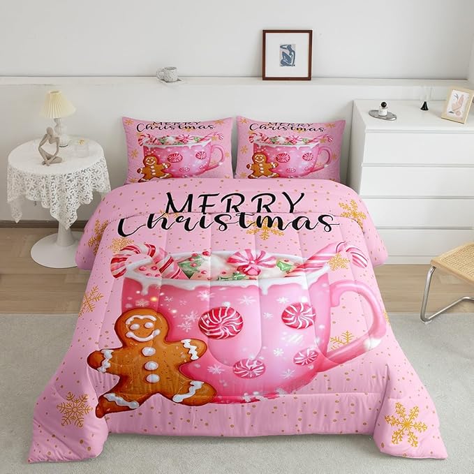 Erosebridal Merry Kids Twin Comforter Sets Christmas Decor Bedding Sets Pink Xmas Snowflake Down Comforter Dessert Gingerbread Man Bed Set for Boys Girls Teens