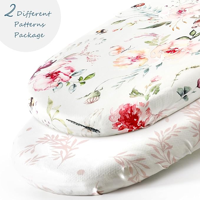 Stretch Ultra Soft Fitted Bassinet Sheet Set 2 Pack, Universal Fit for Bassinets Baby Cradle Moses Basket Oval Rectangle Mattress Safe and Snug, Beautiful Flowers and Insects Pattern for Baby Girls