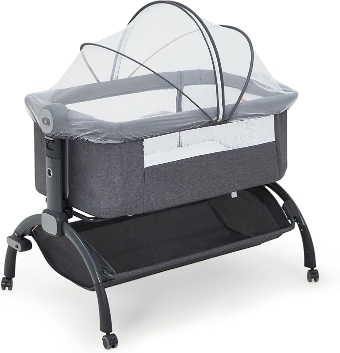 Bedside Bassinet Baby Bassinet, 3 in 1 Bedside Sleeper with Baby Co-Sleeper Travel Crib with Detachable Mosquito Net & Storage Basket | Adjustable Height, Wheels Included