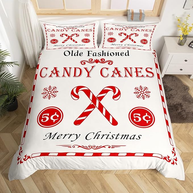 jejeloiu Christmas Bedding Set for Kids Boys Girls Christmas Quote Comforter Cover Set Full Size Candy Canes Print Duvet Cover Bedroom Decor Xmas White Bedspread Cover Bedding Collection 3Pcs