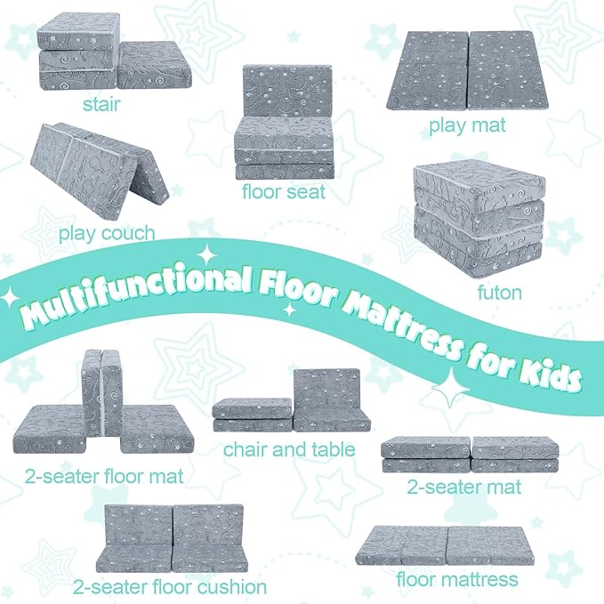 MeMoreCool Foldable Floor Mattress for Kids, Glow Toddler Nap Mat for Sleeping and Daycare, Portable Trifold Futon Mattress Floor Bed, Dinosaur