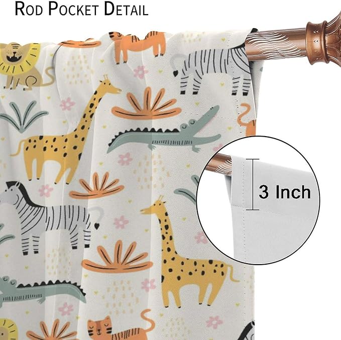 Wild Animals Curtains, Cute Cartoon Animals Zoo with Lion Zebra Crocodile Cat and Giraffe Tropical Jungle Plant Print Window Treatments for Kids Boys Girls Bedroom Living Room 84x84in