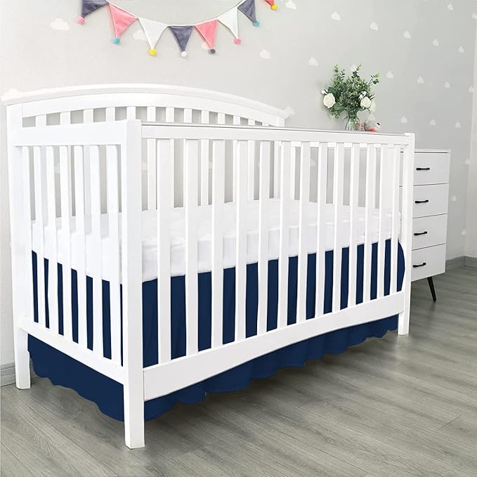 100% Egyptian Cotton, Nursery Crib Toddler (28" x 52" + 14") 800 Thread Count Crib Skirt Dust Ruffle, Bedding Skirts for Baby Boys or Girls, 14" Drop, Navy Blue Solid