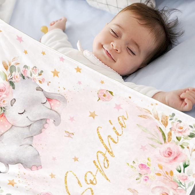 Personalized Elephant Blanket with Name for Girl, Custom Name Blanket for Teen, Soft Flannel Pink Elephant Blankets Customized Gift for Birthday 50"x60"