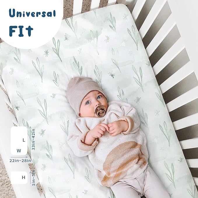 GRSSDER Stretch Ultra Soft Jersey Knit Fitted Pack n Play Playard Sheets Set 2 Pack，Fits Portable/Mini Cribs Sheets, Playards Mattress Pads, Stylish Watercolor Animals for Baby, Mint Green
