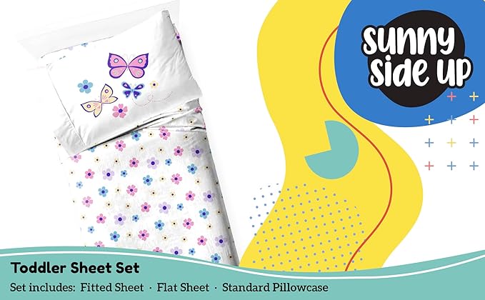 Sunny Side Up Flutter Toddler Sheet Set - 3 Piece Toddler Bedding Set Includes Pillow Cover - Super Soft Floral Microfiber Sheets