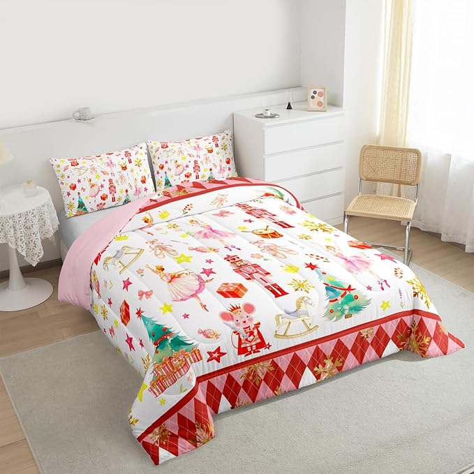 Feelyou Christmas Comforter Set All Season Ballet Nutcracker Bedding Set with 2 Pillow Cases Snowflake Kids King Bedclothes Bedroom Decor Duvet Quilt Breathable Soft Lightweight
