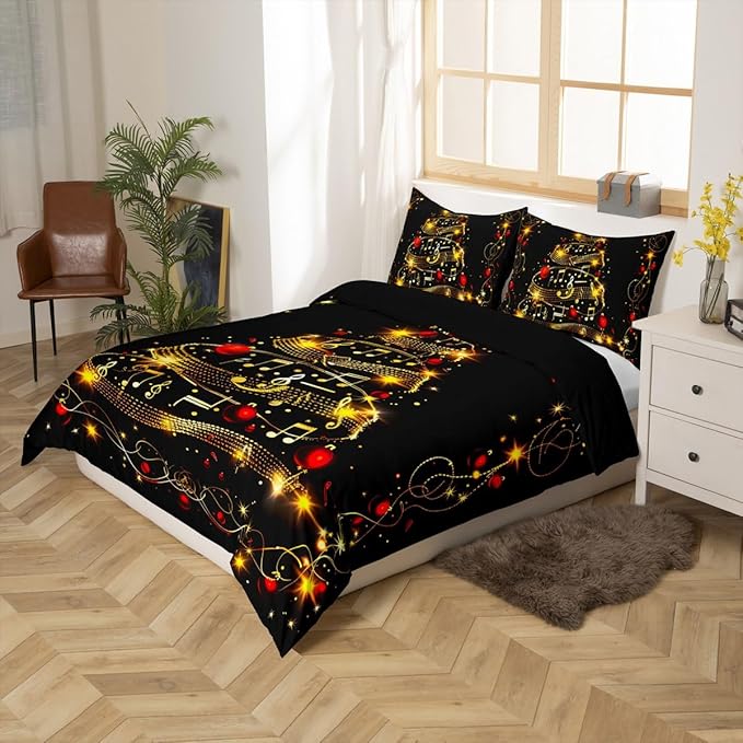 Christmas Tree Duvet Cover Set Queen Size, Gold Musical Note Print Bedding Set 3pcs for Kids Boys Girls Bedroom Decor, New Year Theme Xmas Holidays Comforter Cover with 2 Pillowcases,No Comforter