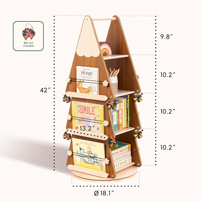 Solid Wood Kids Bookshelf, 4 Tier Rotating Bookshelf, 360° Revolving Bookcase Floor Standing Tree Book Shelf for Kids Rooms, Living Room, Nursery