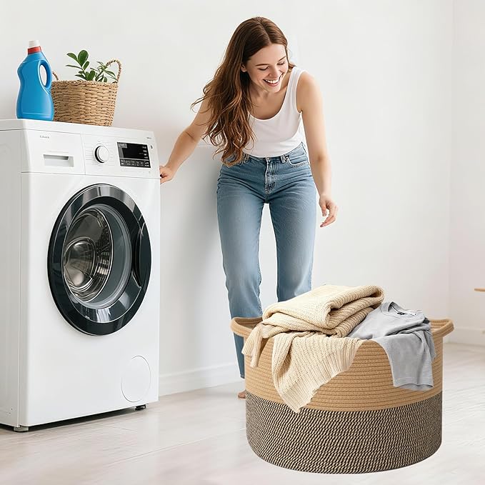 Large Blanket Basket for Organizing,115L Closet Organizers and Storage Bins Box for Shelves Woven Rope Storage Baskets,Living Room,Bedroom,Dorm,Laundry room (Jute&Black)