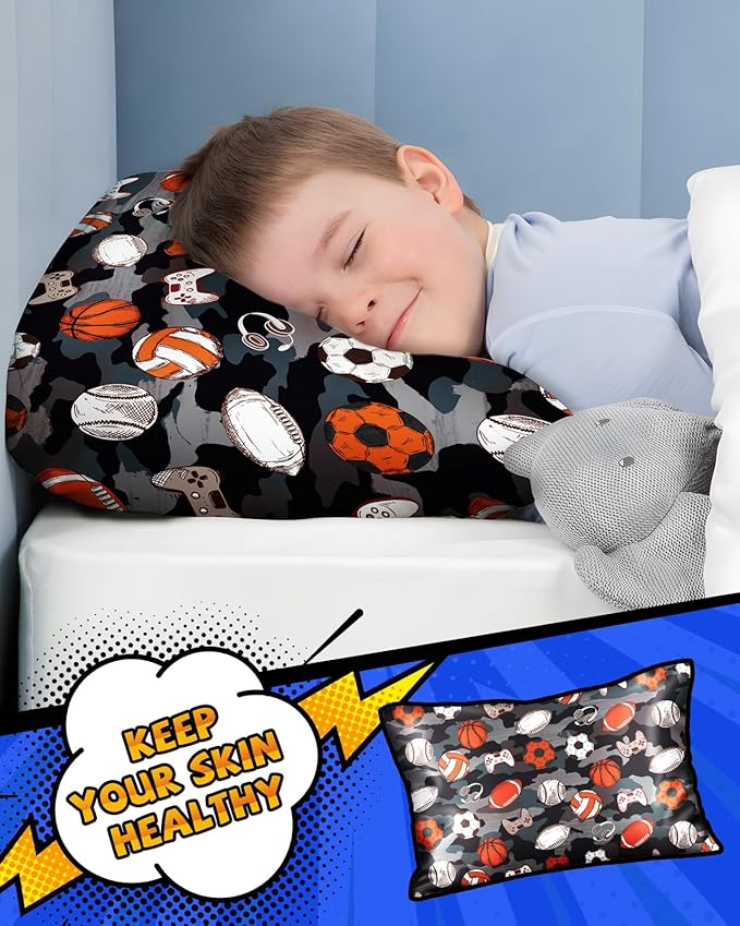 Silk Pillowcase for Kids - 30 x 20 Inches Queen Size Mulberry Silk Pillow Case with Zipper Cute Cartoon Kawaii Teens Girls Boys Pillowcase for Hair and Skin, Sports Elements