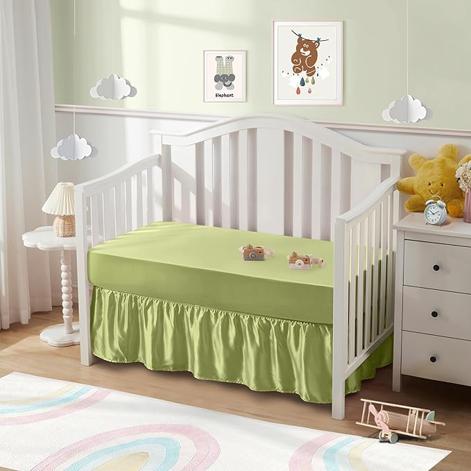 SiinvdaBZX 2-Piece Set Satin Crib Sheets & Crib Bed Skirt, 52" x 28" Silky Soft Ruffled Baby Crib Skirt with Adjustable Elastic 14" Drop, Fit for Standard Crib & Toddler Bedding (Sage Green)