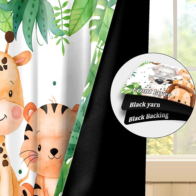 Renaiss 42 x 45 Inch Safari Animal Curtains for Kids Tropical Rainforest Lions Tigers Elephants Giraffes African Jungle Tree Green Leaf Print Window Drapes for Nursery Baby Bedroom Playroom 2 Panels