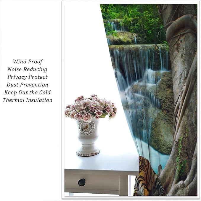Waterfall Landscape Blackout Curtains, Spring Forest Animal Tiger Tree Waterfall Nature Window Drapes, for Bedroom Living Room 42" W X 54" L