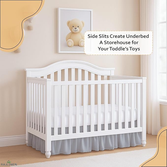 Rajlinen Ruffled Crib Bed Skirt, Microfiber, Dust Ruffle with Split Corners, 14" Drop, Nursery Toddler Bedding for Baby Boys or Girls, Light Grey