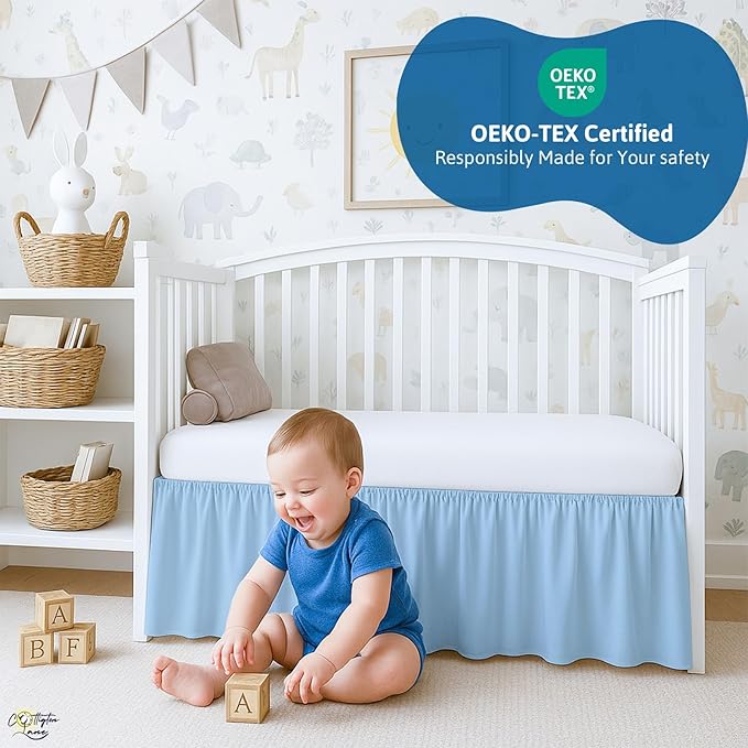 Cottington Lane Light Blue Infrant Crib Bed Skirt Dust Ruffle with Split Corner, 100% Natural Cotton Nursery Crib Toddler Bedding Skirt for Baby Girls or Boy, Fits Standard Cribs 28"x52" with 14" Drop
