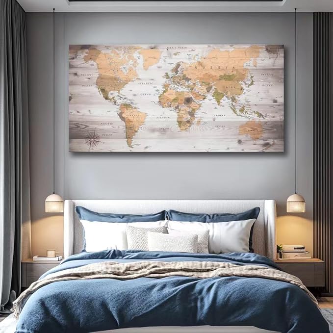 canvas Wall Art 20“x40 lagre map of the world Painting Ready to Hang Framed World Map Artwork Prints for Home