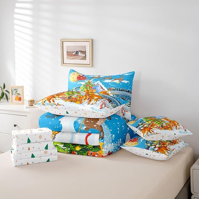 Christmas Decorations Bed in a Bag Xmas Deer Pine Tree Bed Set for Kids Boys Girls Merry Christmas Comforter Set with Sheets Winter Festival Present Bedding Set Bedding Queen Size