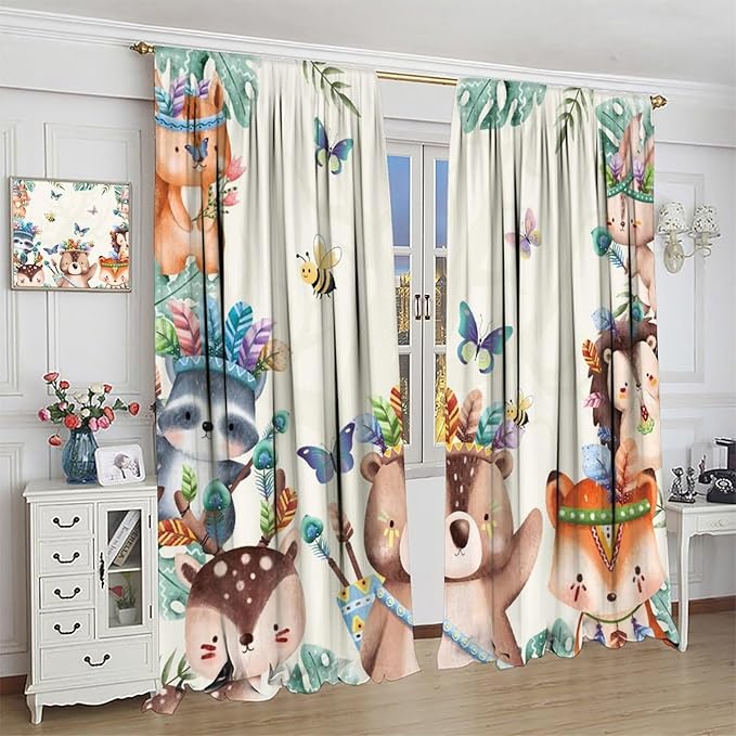Jungle Safari Curtains, Cute Cartoon Forest Animals Pattern Blackout Window Treatments, Rod Pocket Thermal Insulated Drapes 2 Panel Sets for Children Boys Bedroom Nursery Classroom, 63" W X 72" L