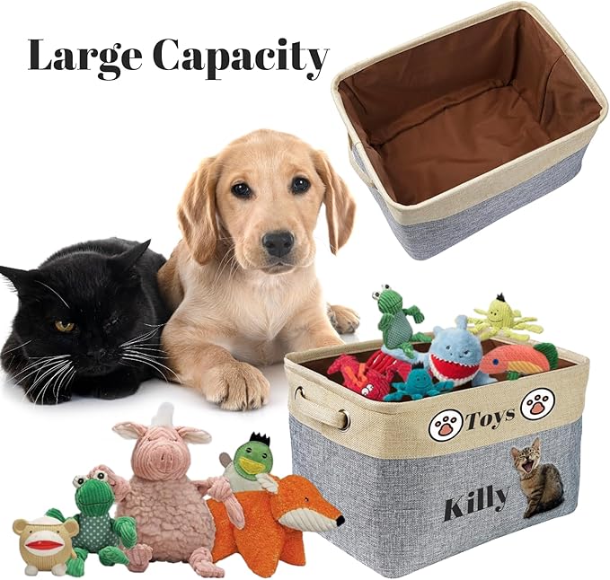 Personalized Cat Toy Basket Custom Cat Toy Box with Pet's Name Cat Storage Organizer Collapsible Cute Basket with Handles, Medium