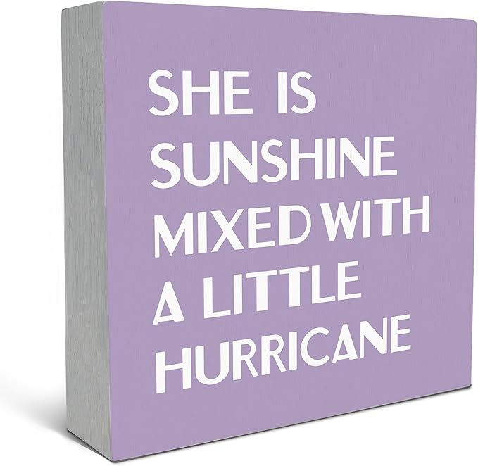 SRADMO She Is Sunshine Mixed with a Little Hurricane Boho Purple Wood Box Sign Desk Decor, Baby Girls Inspirational Wooden Box Decor for Girls Room Nursery Shelf Table Decoration, 8x8 Inches