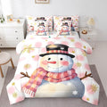 Feelyou Kids Merry Christmas Decorations King Size Bed Set Xmas Snowman Bed in a Bag Pink Bedding Set Soft Warm Lightweight Comforter Set with Sheets