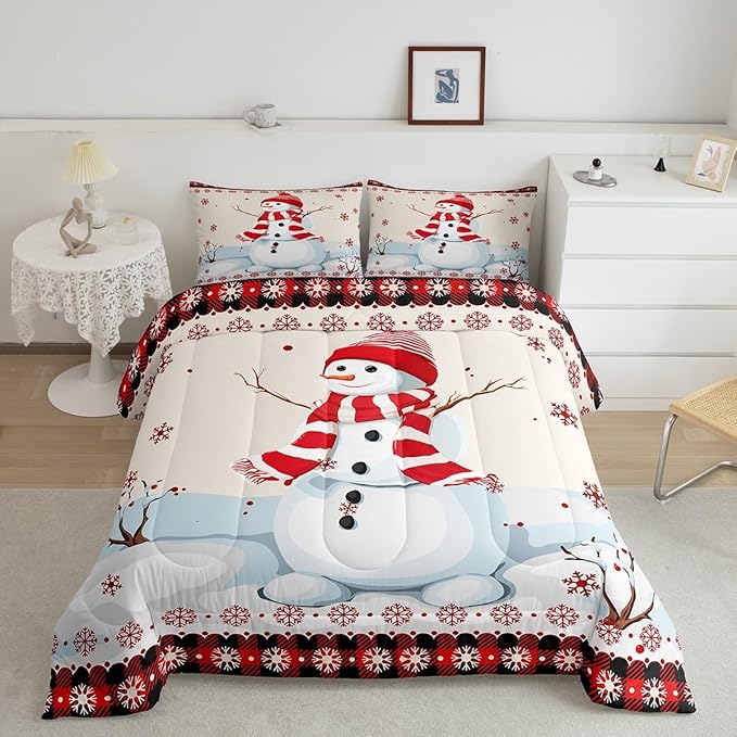 Kids Snowman Christmas Comforter Set Twin Size,Snowflake Romantic Bedding,Girls Boys Adults Bedroom/Xmas Cabin Decor,Geometric Grid Lattice Down Comforter,Rustic Farmhouse Duvet Insert,1 Pillowcase