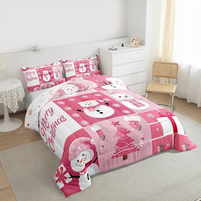 Xmas Comforter Set King Size,Snowman Christmas Tree Snowflake Duvet Insert for Kids Boys Girls Room Decor,Pink Plaid Patchwork Bedding Set 3Pcs,Merry Christmas Cartoon Quilt Set,2 Pillowcases