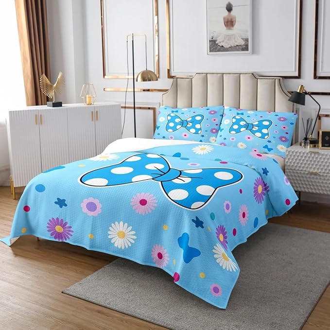 Manfei Blue Bowknot Kids Bedspread King Size,Daisy Flowers Geometric Dot Patchwork Coverlet Set,Girls Women Room Decor,Star Bow Tie Princess Quilted Coverlet,Cute Dreamy Bedding Quilt,2 Pillowcases