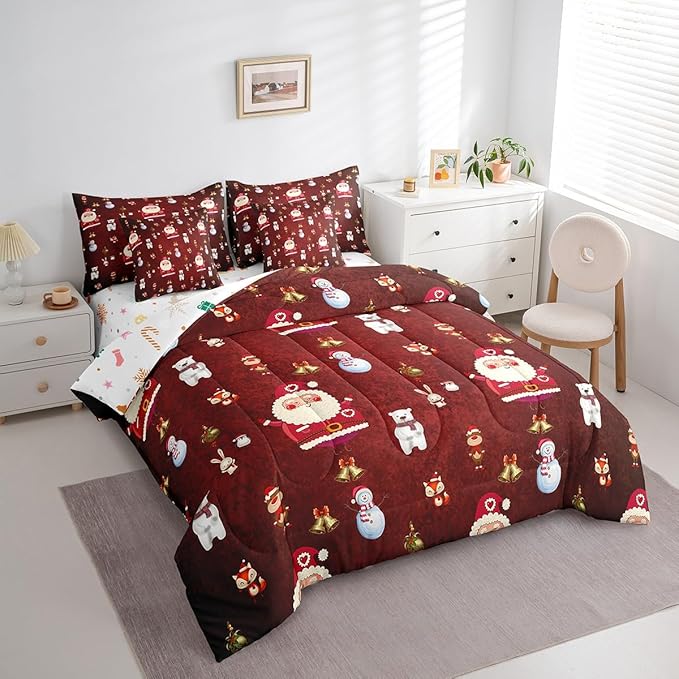 Christmas Kids Bed Set Cute Snowman Santa Claus Decorations Bed in a Bag Boys Girls Bear Rabbit Comforter Set with Sheets Christmas Bells Cartoon Design Bedding Set Bedroom Collection Queen Size