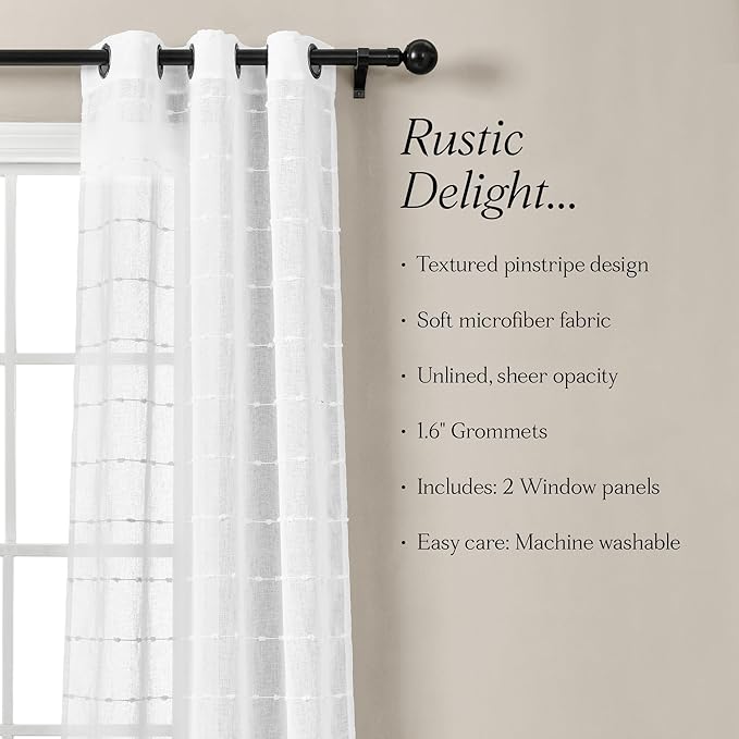 Lush Decor Farmhouse Textured Grommet Sheer Window Curtain Panel Pair, 38"W x 84"L, Bleach White