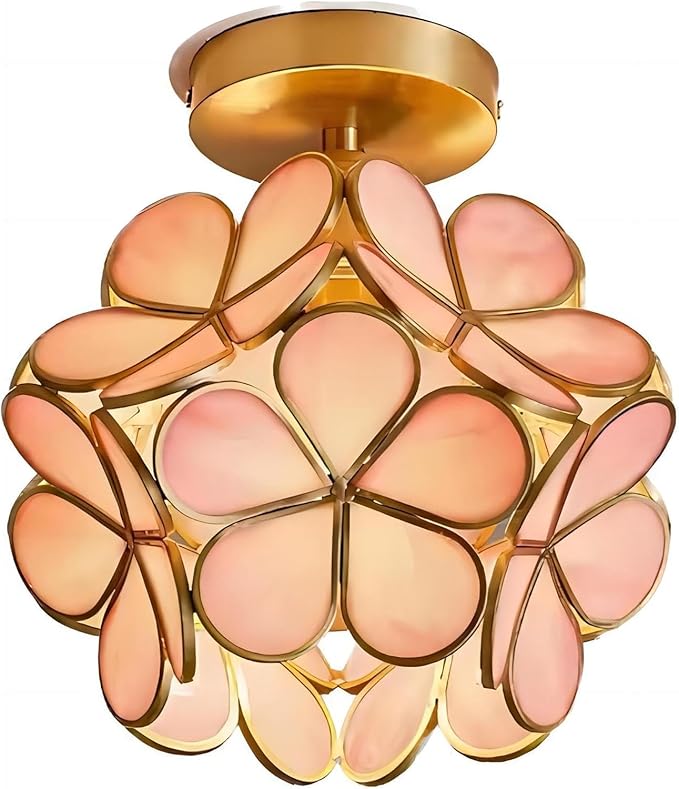 7.9 Inch Petal Ceiling Light, Tiffany Style Metal and Glass Close to Ceiling Light Fixture with E27 Base for Hallway, Entryway, Bedroom - Pink