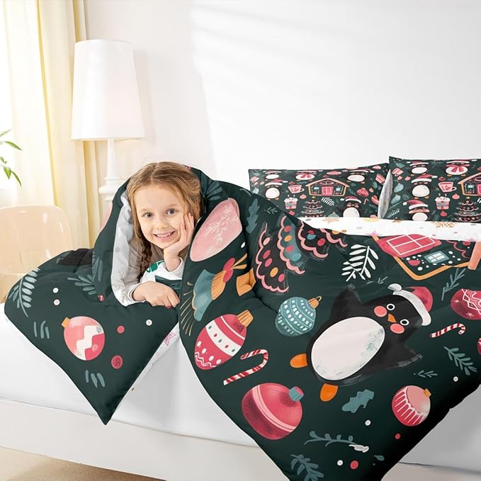 Feelyou Christmas Kids Comforter Set Toddler Size Xmas Tree Ball Bedding Set Penguin Duvet Quilt for Kids Boys Girls Bedroom Gingerbread Houses Decor Microfiber Ultra Soft Breathable