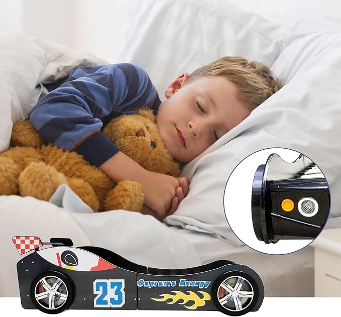 LKTART Car Bed Twin Size for Kids, Race Car Shaped Wooden Platform Bed Frame with Headboard Wheels and Support Slats for Boys Toddlers Child's Bedroom (Black)