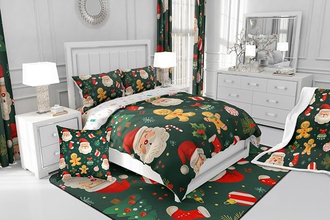 Feelyou Christmas Bedding Set Soft for Boys Girls, Santa Xmas Tree Comforter Set Queen Size Gingerbread Man Duvet Quilt Microfiber Snowflake Stockings Bedroom Decor 3 Pcs with 2 Pillow Cases