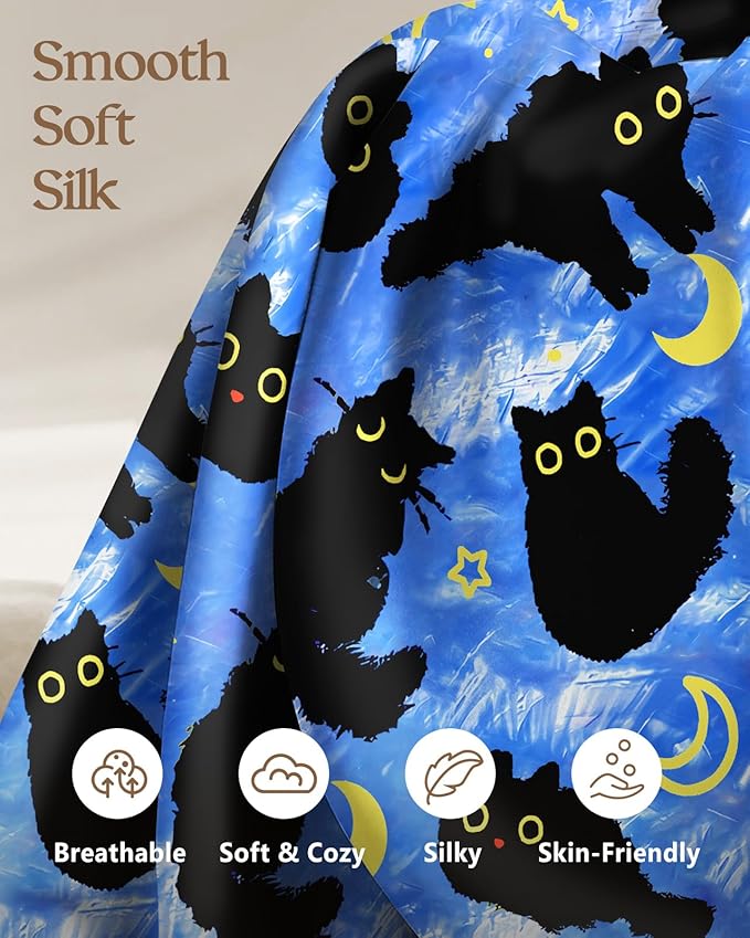 Silk Pillowcase 2 Pack - Pillow Cases 20" x 30" Queen Size Set of 2 for Hair and Skin Smooth Soft Breathable with Hidden Zipper Cooling Pillow Covers for Sleeping,Blue Moon Cat