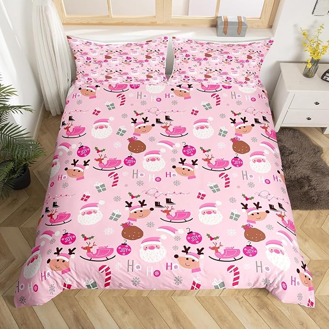 Manfei Christmas Duvet Cover Set King Size, Santa Claus and Reindeer Comforter Cover with 2 Pillowcases, New Year Pink Bedding Set 3pcs for Kids Girls Adult Lightweight Bedspread Cover,No Comforter