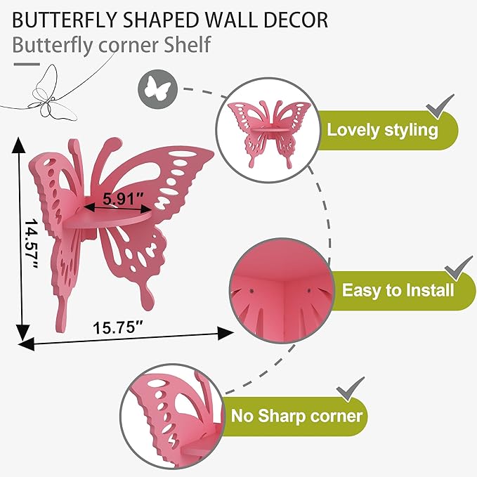 Butterfly Corner Shelf Nursery Wall Deor Floating Corner Shelf for Kid’s Room, Small Cute Decorative Shelf Wall Mounted, Pink Hanging Hollow Out Shelf for Toys, Plants and Decorations Storage, Pink