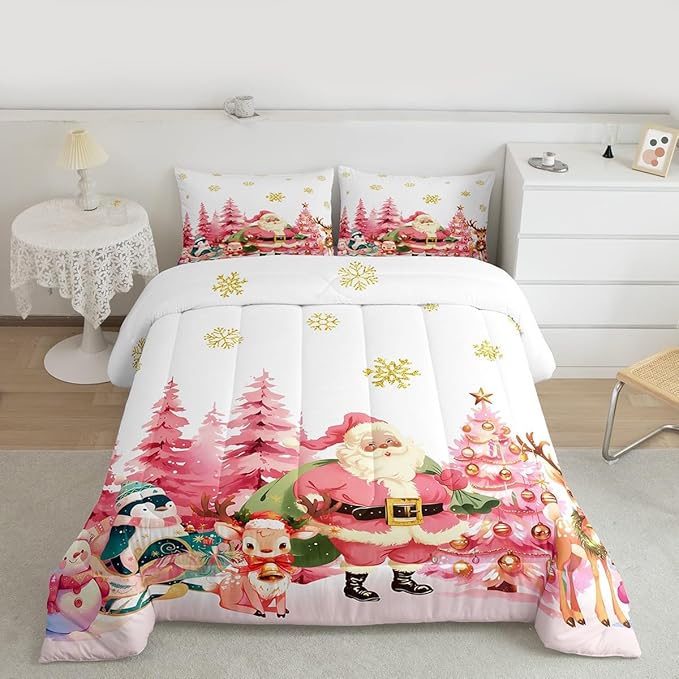 jejeloiu Merry Christmas Comforter Set Twin Size Santa Claus Bedding Set for Kids Boys Girls Cute Deer Duvet Quilt White Bedroom Decor