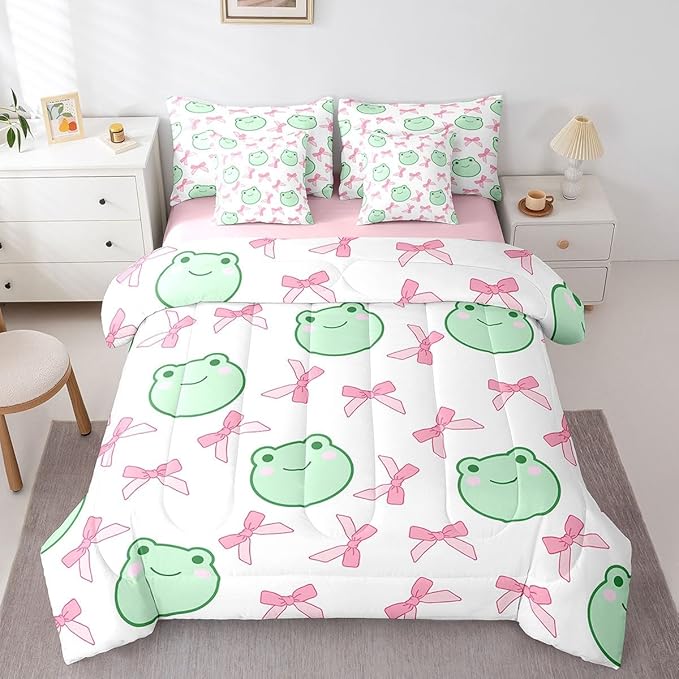 7 Pieces Pink Bowknot Comforter Set Full,Cartoon Frog Bow Tie Butterfly Knot Princess Bedding Set,Geometric Patchwork Cute Sweet（Comforter+Fitted+Flat Sheet+2 Pillowcases+2 Throw Pillow Covers）