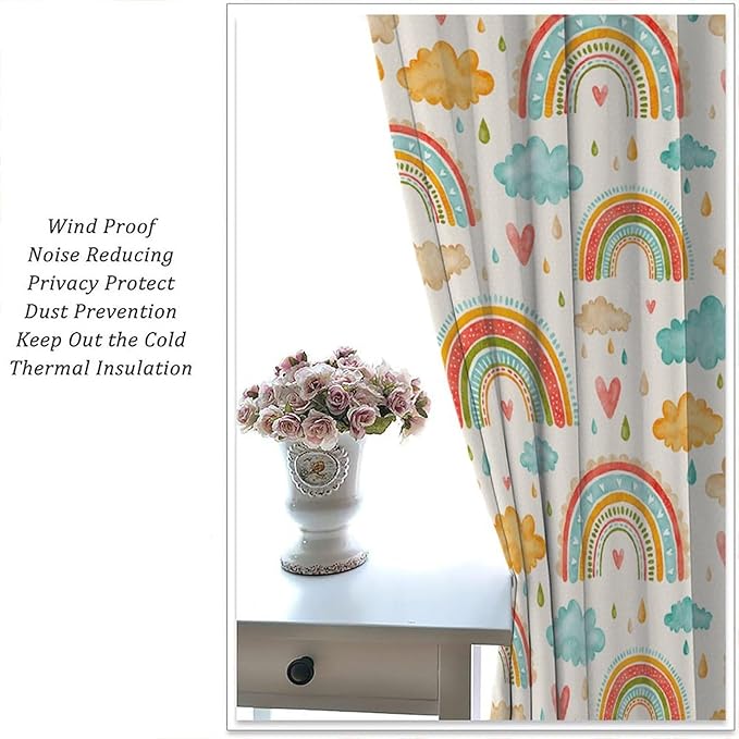 Boho Rainbow Curtains for Kids Nursery Colorful Floral Sun Star Clouds Pastel Bohemian Pattern Print Window Drapes for Girl Bedroom Living Room Kitchen Decor,2 Panel Set,42Wx54H Inch Blackout