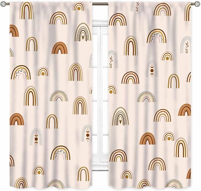 Rainbow Curtains, Boho Pastel Cute Cartoon Aesthetic Art Printed Beige Blackout Decorative Drapery for Kids Girls Baby Bedroom Living Room Classroom Nusery Bathroom Windows 2 Panels, 63"x63" Inch