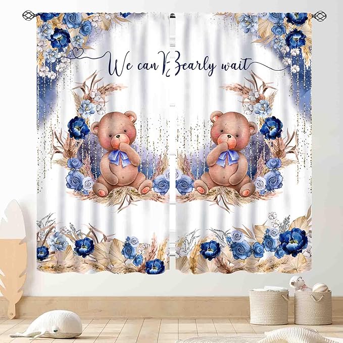 Bear Curtains for Kids Room, Baby Boys Girls Cute Lovely Bear Watercolor Floral Blue Window Drapery Treatments for Living Room Bedroom Nursey Toddler Classroom 2 Panels, 52"x84" Inch