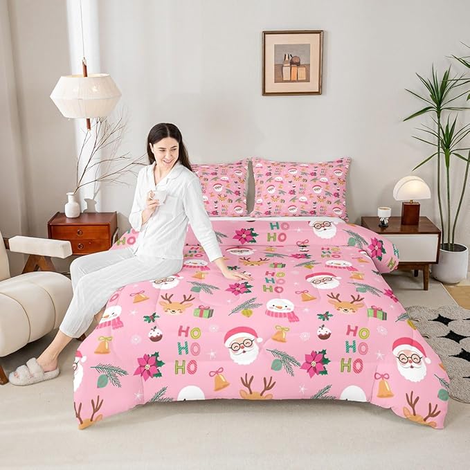 Feelyou Santa Claus Comforter Set Twin Size Xmas Bedding Set for Kids Boys Girls Christmas Decor Duvet Quilt Happy New Year Bedroom Decor Microfiber 2 Pcs with 1 Pillow Cases