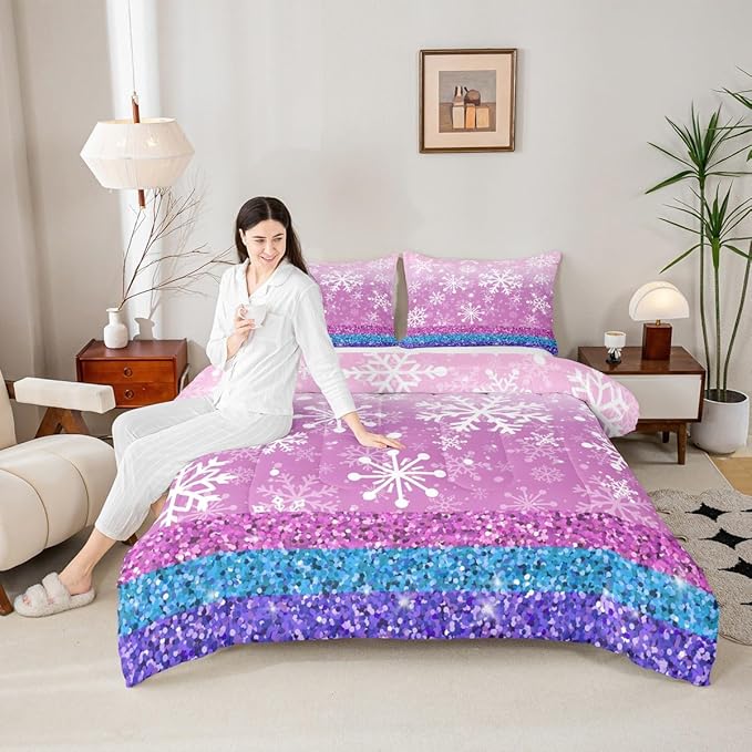 Feelyou Pink Snowflake Comforter Set Queen Size Winter Snowflake Bedding Set for Kids Boys Girls Christmas Duvet Quilt Glitter Print Bedroom Decor Microfiber 3 Pcs with 2 Pillow Cases