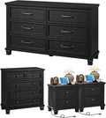 Farmhouse Bedroom Dresser and Nightstand Set of 4, 6 Drawer Low & 5 Drawers Dresser & 2 Drawer Nightstand Set, Rustic Wood Furniture Set for Bedroom, Hallway, Black