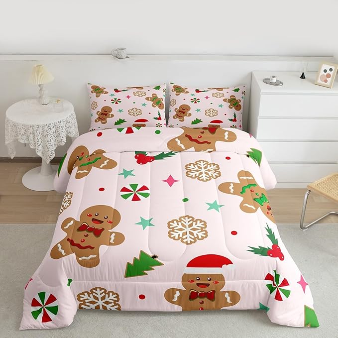 Feelyou Merry Christmas Kids Comforter Set Queen Size Gingerbread Man Bedding Set Xmas Tree Duvet Quilt for Kids Boys Girls Bedroom Red Berries Snowflake Decor Microfiber Ultra Soft Breathable