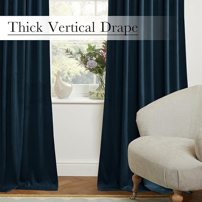 StangH Navy Blue Velvet Curtains 94 inches Long Back Tab Soft Thermal Insulated Room Darkening Sliding Door Drapes Home Decor for Bedroom Living Room, W52 x L94, 2 Panels